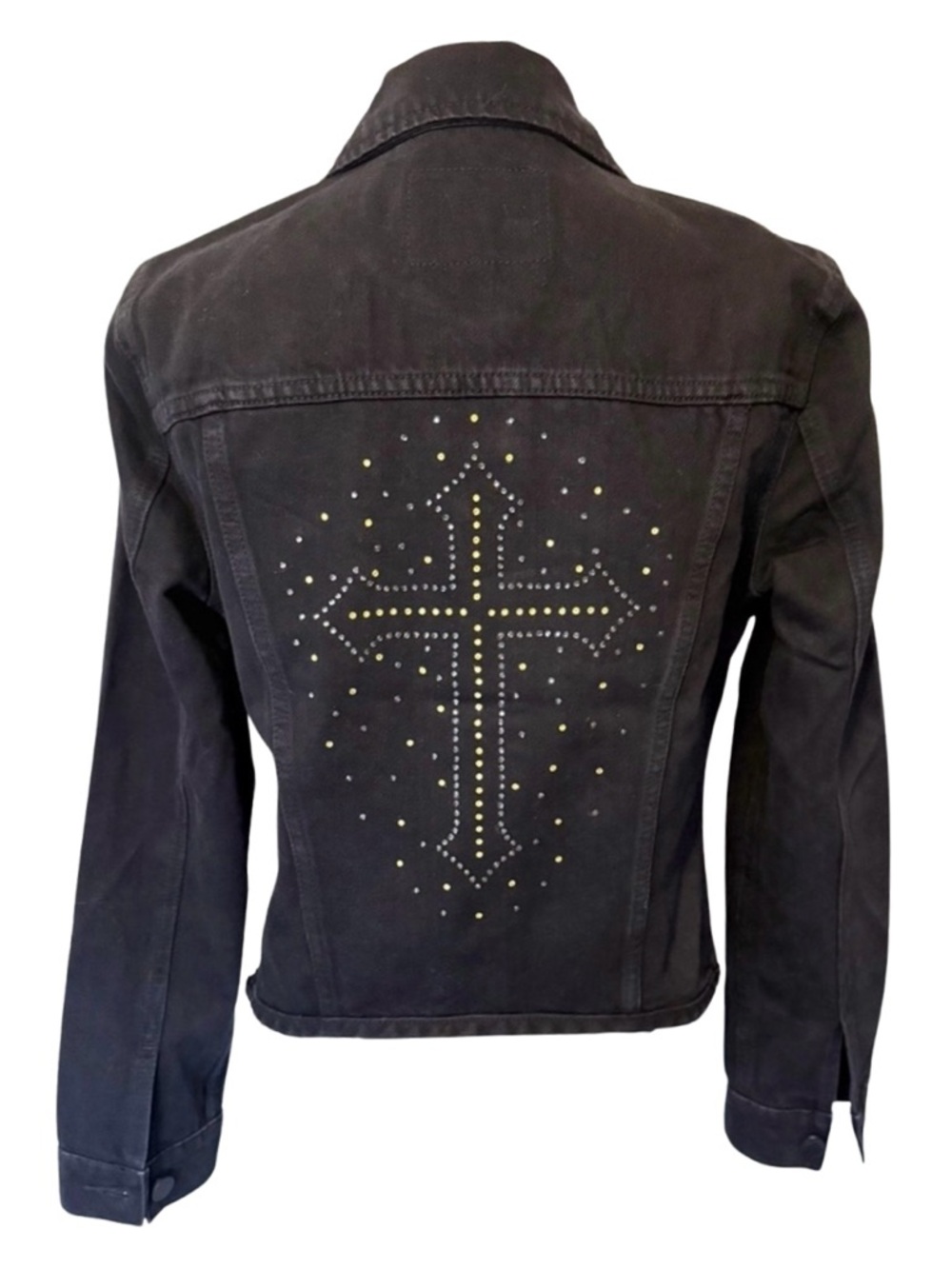 Blank NYC Custom Cross Rhinestone Distressed Black Denim Jacket Women Small